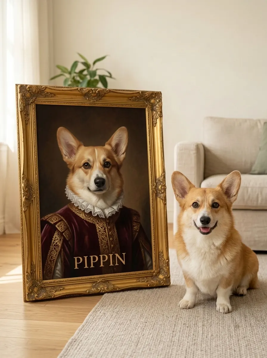 Corgi named Pippin sitting beside a framed Renaissance royal portrait of himself in a gold ornate frame