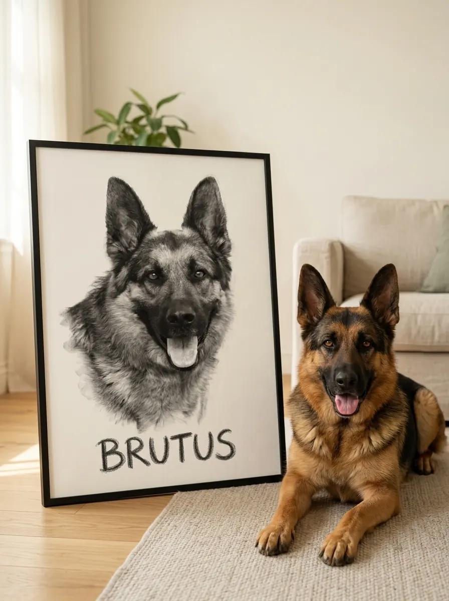 German Shepherd named Brutus lying beside a framed black-and-white charcoal portrait of himself
