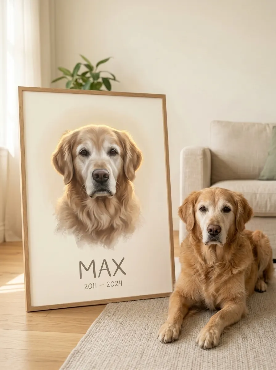 Golden retriever named Max lying beside a framed memorial portrait with the dates 2011 – 2024