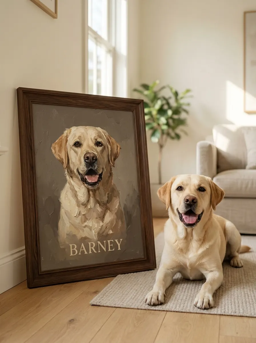 Golden labrador named Barney lying beside a thick palette-knife oil portrait of himself in a white frame