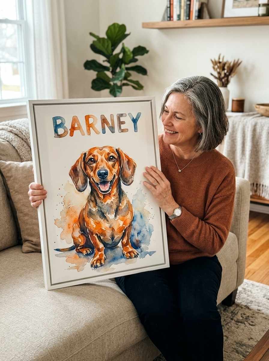 A smiling woman holding a large framed watercolor portrait of a happy dachshund named Barney in a bright, cozy living room