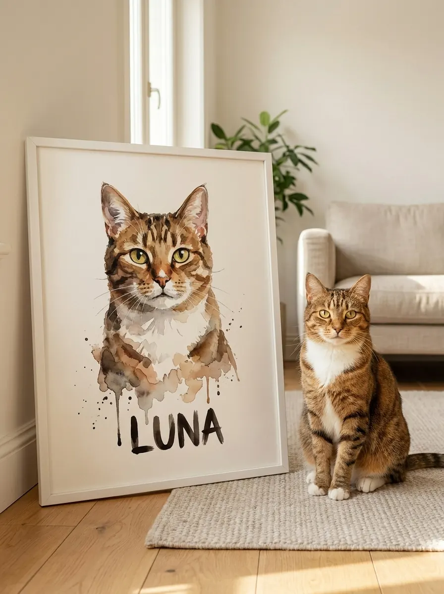 Framed watercolour portrait of a tabby cat named Luna leaning against a wall beside the real cat